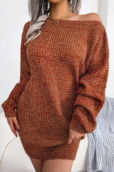 Robe pull vintage en maille chinée à manches longues et col bateau - Café
